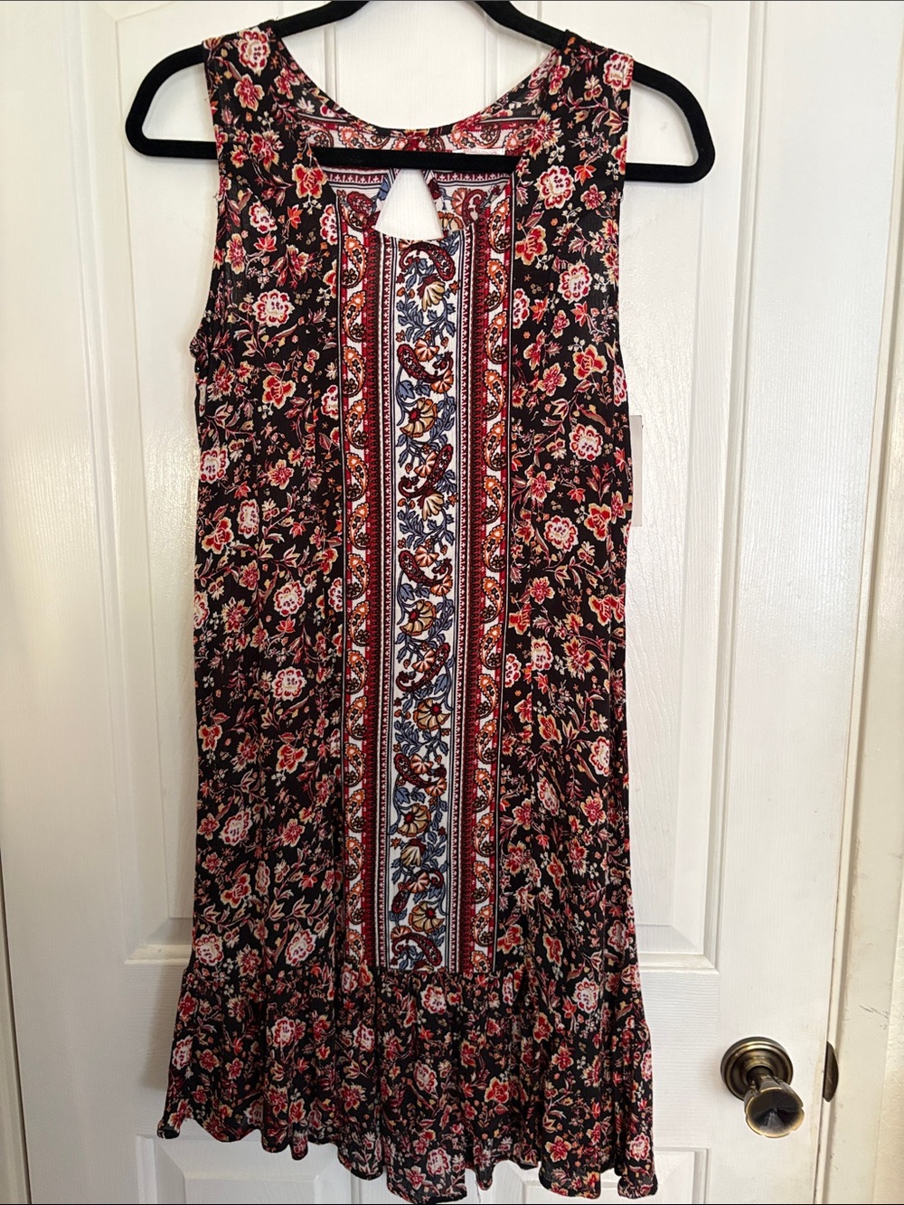 Xhilaration Black & Pink Floral Border Keyhole Midi Dress with Red Accents